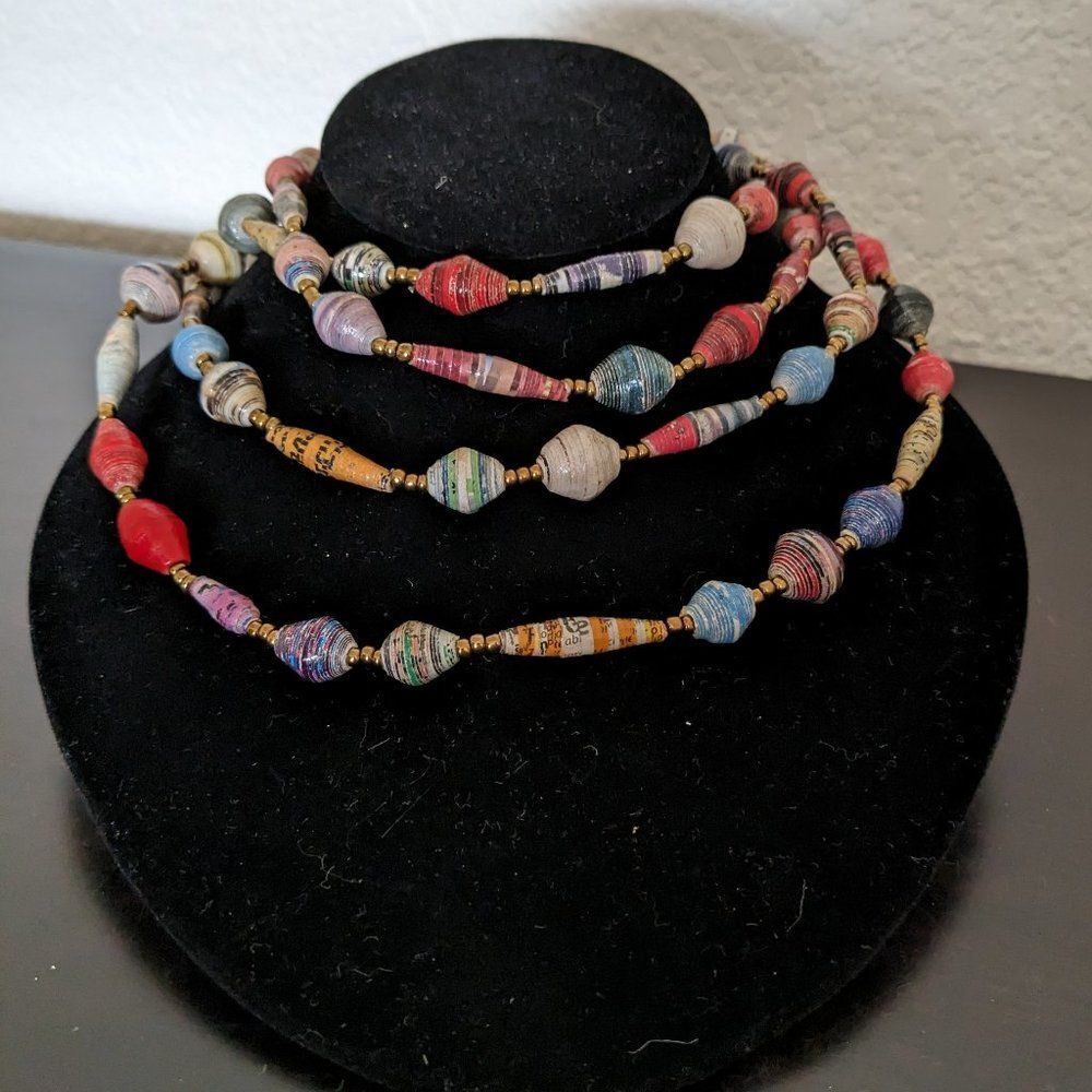 Long, Colorful Paper Bead Necklace - 31" Long - Various Shaped Beads